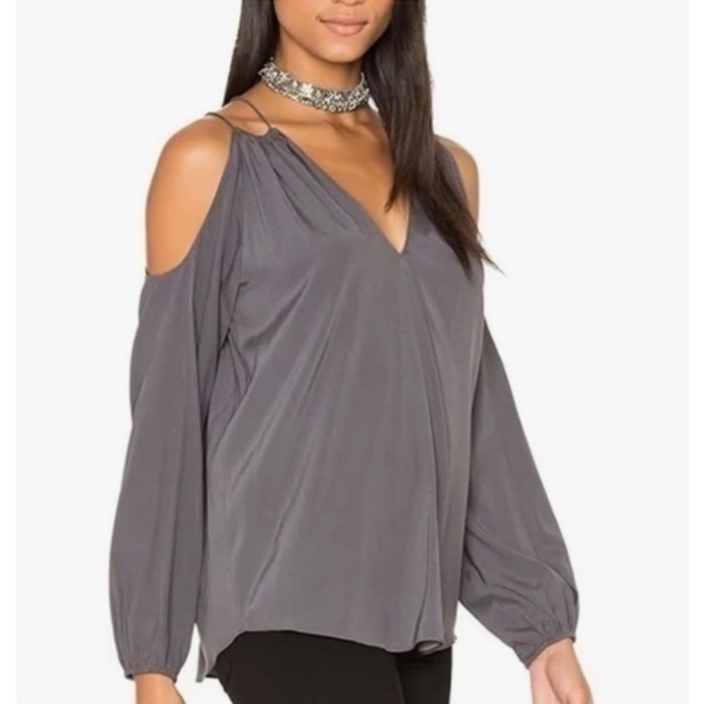 Ramy Brook Gigi Cold Shoulder Gunmetal Gray Silk Top Long Sleeve Size Small